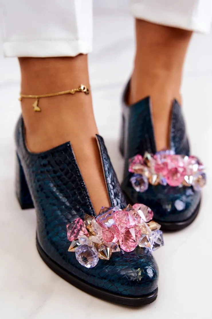 Damskie Boto Skórzane Półbuty Wzór Krokodyl Z Ozdobą Zielone Delaver