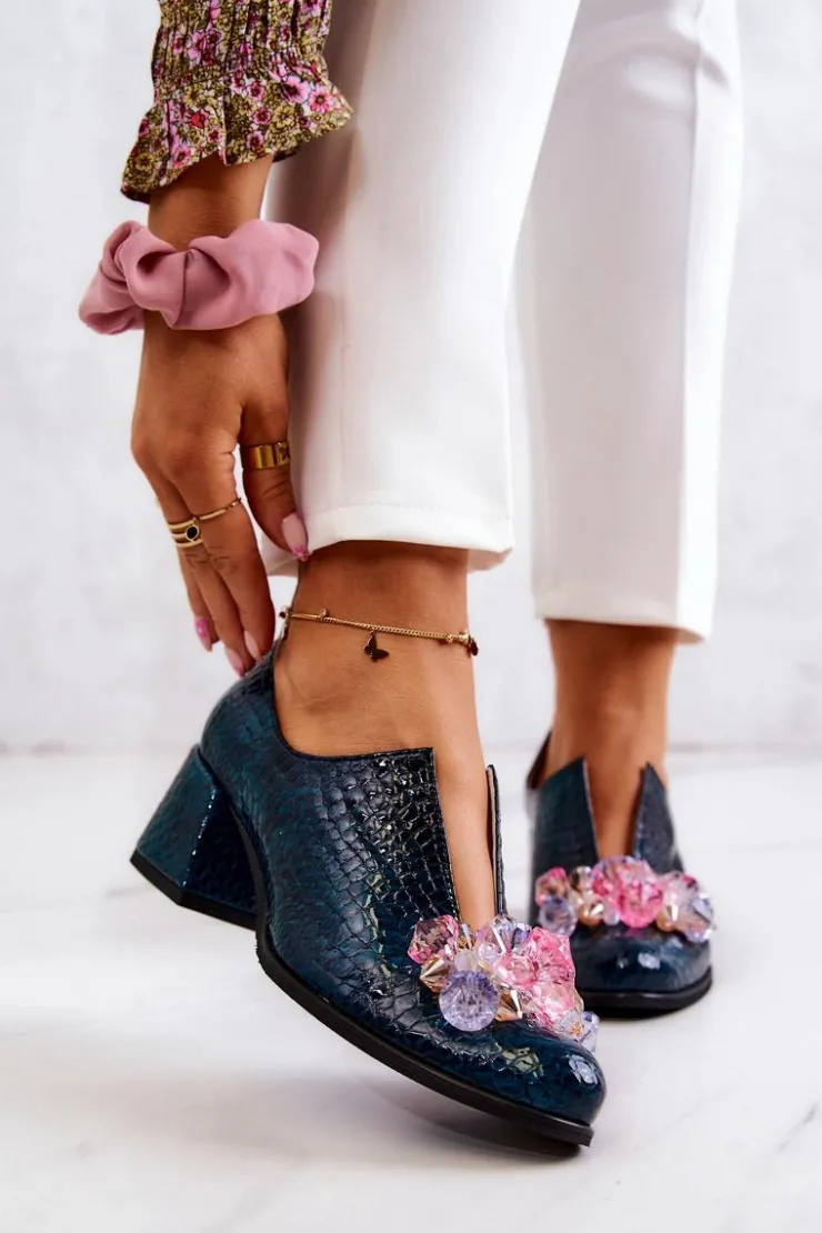 Damskie Boto Skórzane Półbuty Wzór Krokodyl Z Ozdobą Zielone Delaver