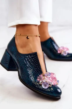 Damskie Boto Skórzane Półbuty Wzór Krokodyl Z Ozdobą Zielone Delaver