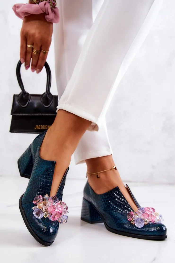 Damskie Boto Skórzane Półbuty Wzór Krokodyl Z Ozdobą Zielone Delaver