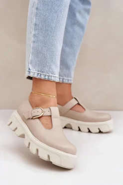 Zazoo Półbuty Skórzane*Skórzane Półbuty Z Klamrą 20183 Beżowe Beżowy