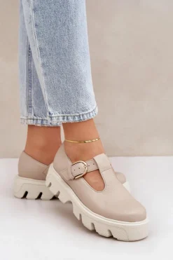 Zazoo Półbuty Skórzane*Skórzane Półbuty Z Klamrą 20183 Beżowe Beżowy