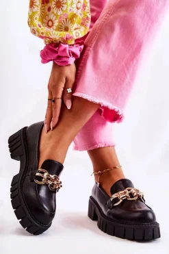 Outlet Boto Skórzane Półbuty Z Ozdobnym Łańcuchem Czarne Carmine