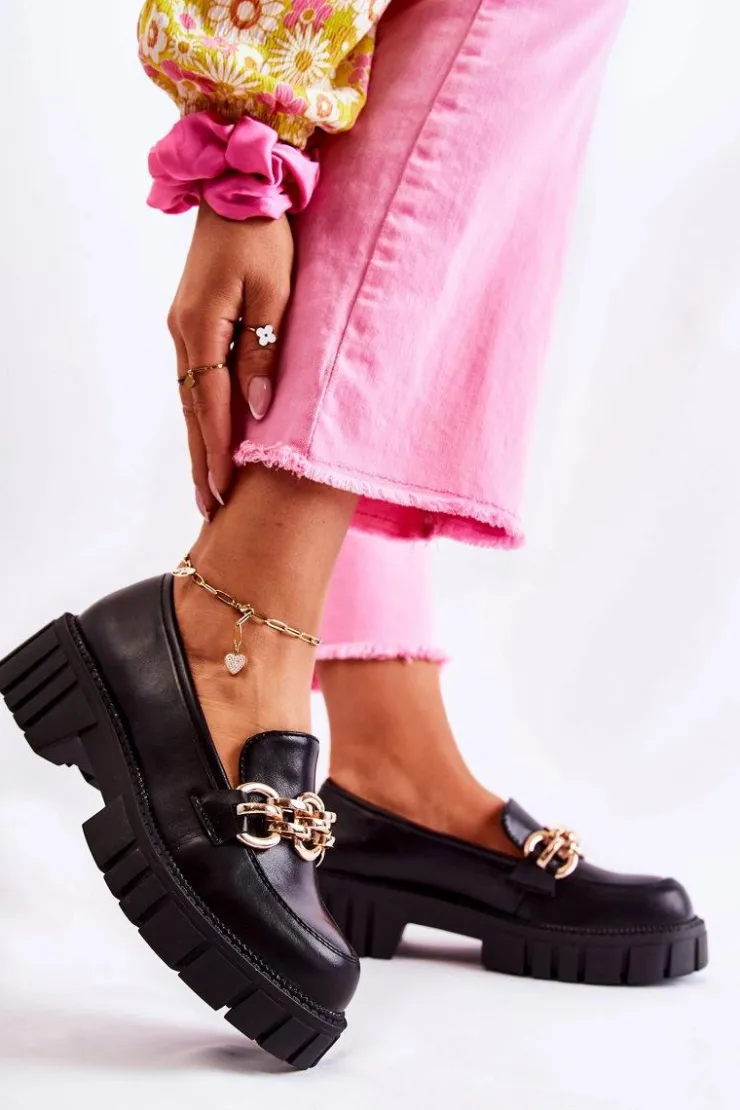 Outlet Boto Skórzane Półbuty Z Ozdobnym Łańcuchem Czarne Carmine