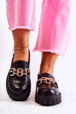 Outlet Boto Skórzane Półbuty Z Ozdobnym Łańcuchem Czarne Carmine