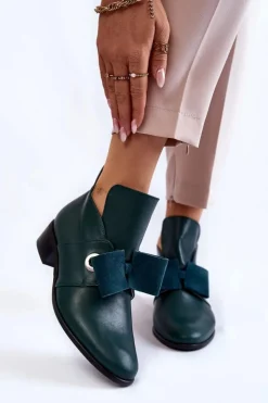 Clearance Boto Skórzane Półbuty Z Zamszową Kokardką Zielone Thalia