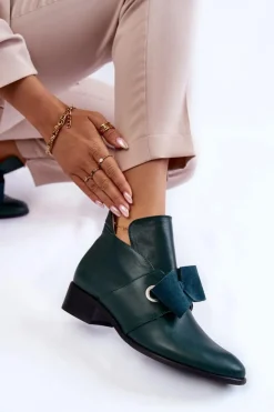 Clearance Boto Skórzane Półbuty Z Zamszową Kokardką Zielone Thalia