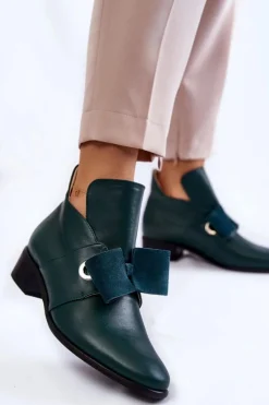 Clearance Boto Skórzane Półbuty Z Zamszową Kokardką Zielone Thalia
