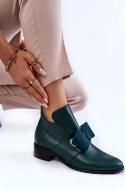 Clearance Boto Skórzane Półbuty Z Zamszową Kokardką Zielone Thalia
