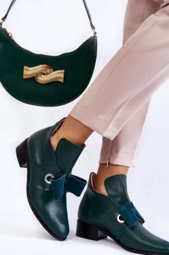 Clearance Boto Skórzane Półbuty Z Zamszową Kokardką Zielone Thalia