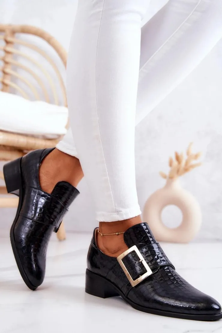 Damskie Boto Skórzane Półbuty Ze Sprzączką Czarne Taliya