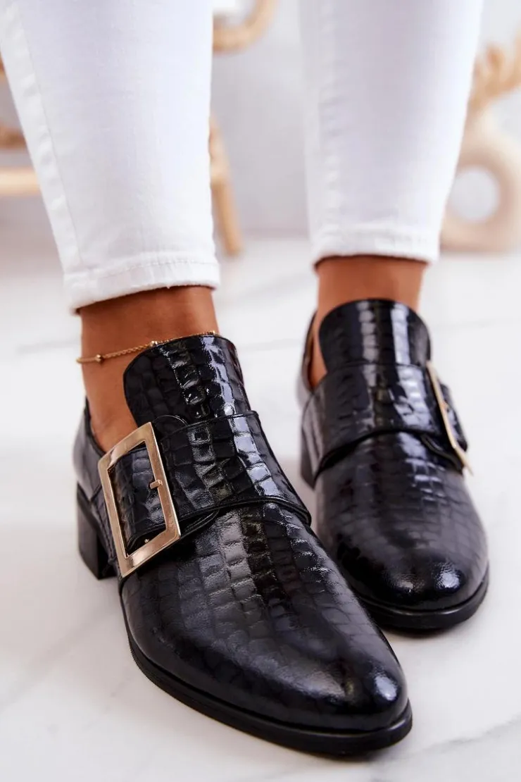 Damskie Boto Skórzane Półbuty Ze Sprzączką Czarne Taliya