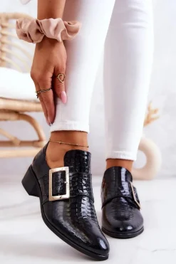 Damskie Boto Skórzane Półbuty Ze Sprzączką Czarne Taliya