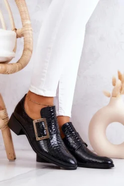 Damskie Boto Skórzane Półbuty Ze Sprzączką Czarne Taliya