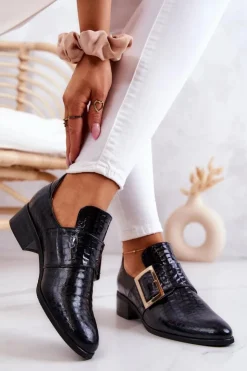 Damskie Boto Skórzane Półbuty Ze Sprzączką Czarne Taliya