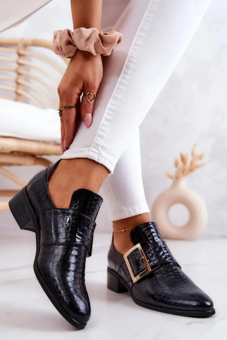 Damskie Boto Skórzane Półbuty Ze Sprzączką Czarne Taliya