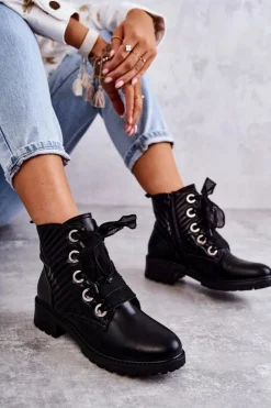 Boto Botki Sznurowane|Czarne Botki*Skórzane Pikowane Botki Z Ociepleniem Czarne Torino