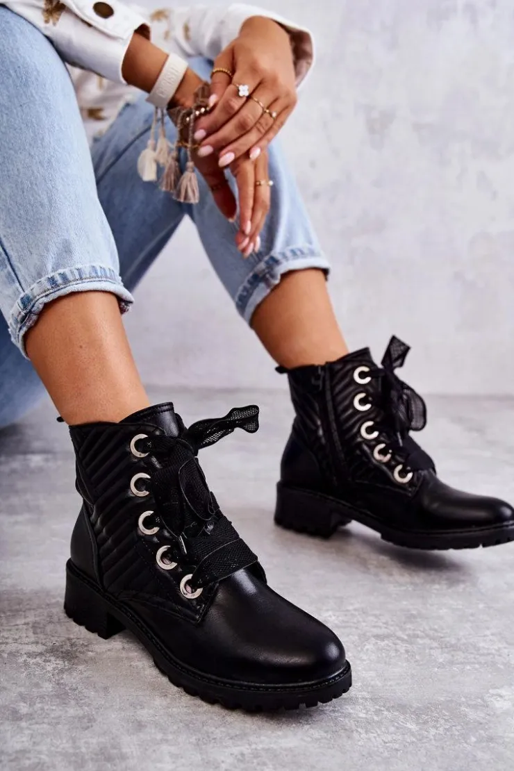 Boto Botki Sznurowane|Czarne Botki*Skórzane Pikowane Botki Z Ociepleniem Czarne Torino