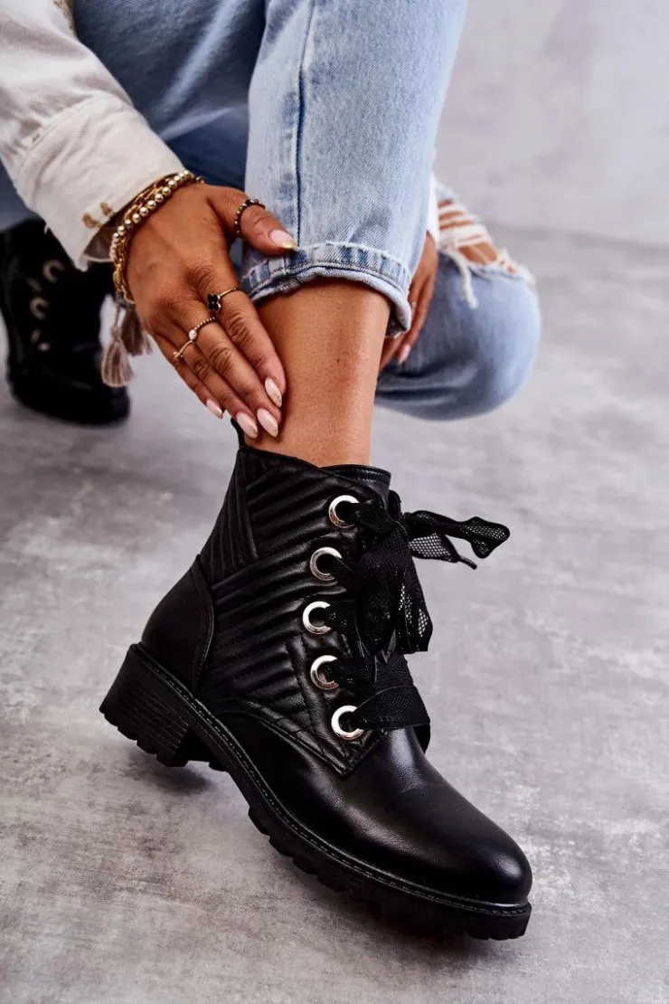 Boto Botki Sznurowane|Czarne Botki*Skórzane Pikowane Botki Z Ociepleniem Czarne Torino
