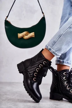 Boto Botki Sznurowane|Czarne Botki*Skórzane Pikowane Botki Z Ociepleniem Czarne Torino