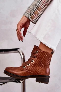 Damskie Boto Skórzane Pikowane Botki Z Ociepleniem Brązowe Torino