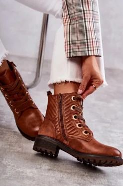 Damskie Boto Skórzane Pikowane Botki Z Ociepleniem Brązowe Torino