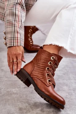 Damskie Boto Skórzane Pikowane Botki Z Ociepleniem Brązowe Torino