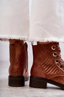 Damskie Boto Skórzane Pikowane Botki Z Ociepleniem Brązowe Torino