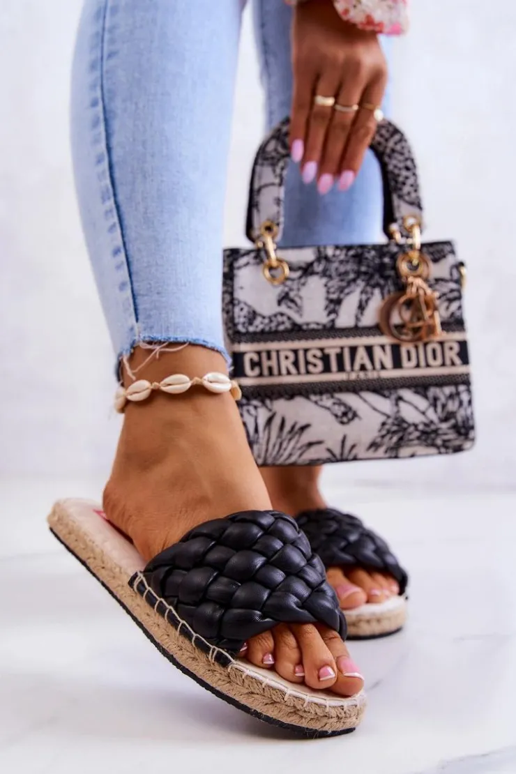 Damskie Big Star Shoes Skórzane Plecione Klapki Big Star JJ274919 Czarne