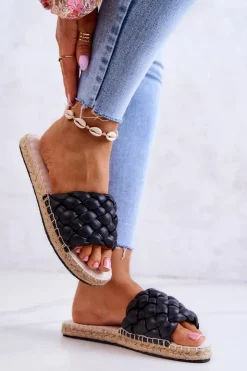 Damskie Big Star Shoes Skórzane Plecione Klapki Big Star JJ274919 Czarne