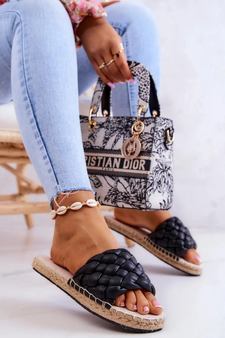 Damskie Big Star Shoes Skórzane Plecione Klapki Big Star JJ274919 Czarne