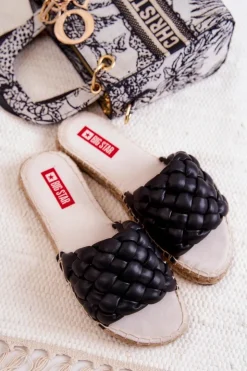 Damskie Big Star Shoes Skórzane Plecione Klapki Big Star JJ274919 Czarne