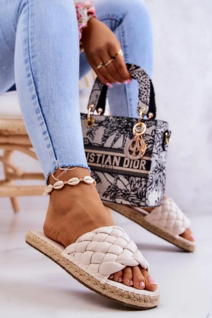 Big Star Shoes Klapki Damskie Big Star|Klapki Damskie Klasyczne*Skórzane Plecione Klapki Big Star JJ274922 Beżowe