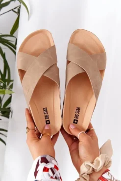 Big Star Shoes Klapki Damskie Klasyczne*Skórzane Profilowane Klapki Big Star HH274593 Beżowe