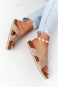 Big Star Shoes Klapki Damskie Klasyczne*Skórzane Profilowane Klapki Big Star HH274593 Beżowe