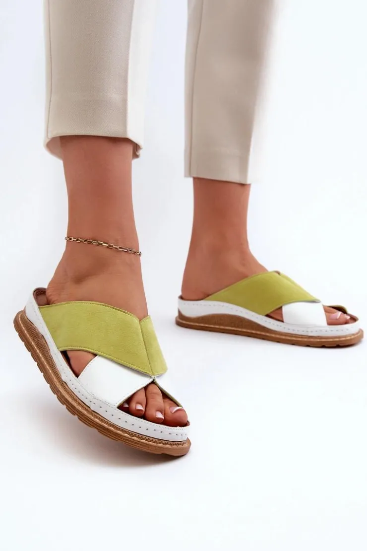 Damskie Maciejka Skórzane Profilowane Klapki 04986-11 Limonkowe