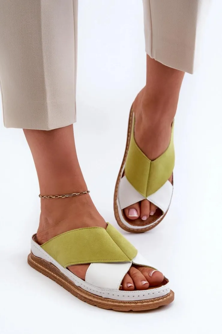 Damskie Maciejka Skórzane Profilowane Klapki 04986-11 Limonkowe