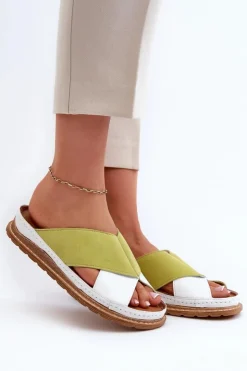 Damskie Maciejka Skórzane Profilowane Klapki 04986-11 Limonkowe