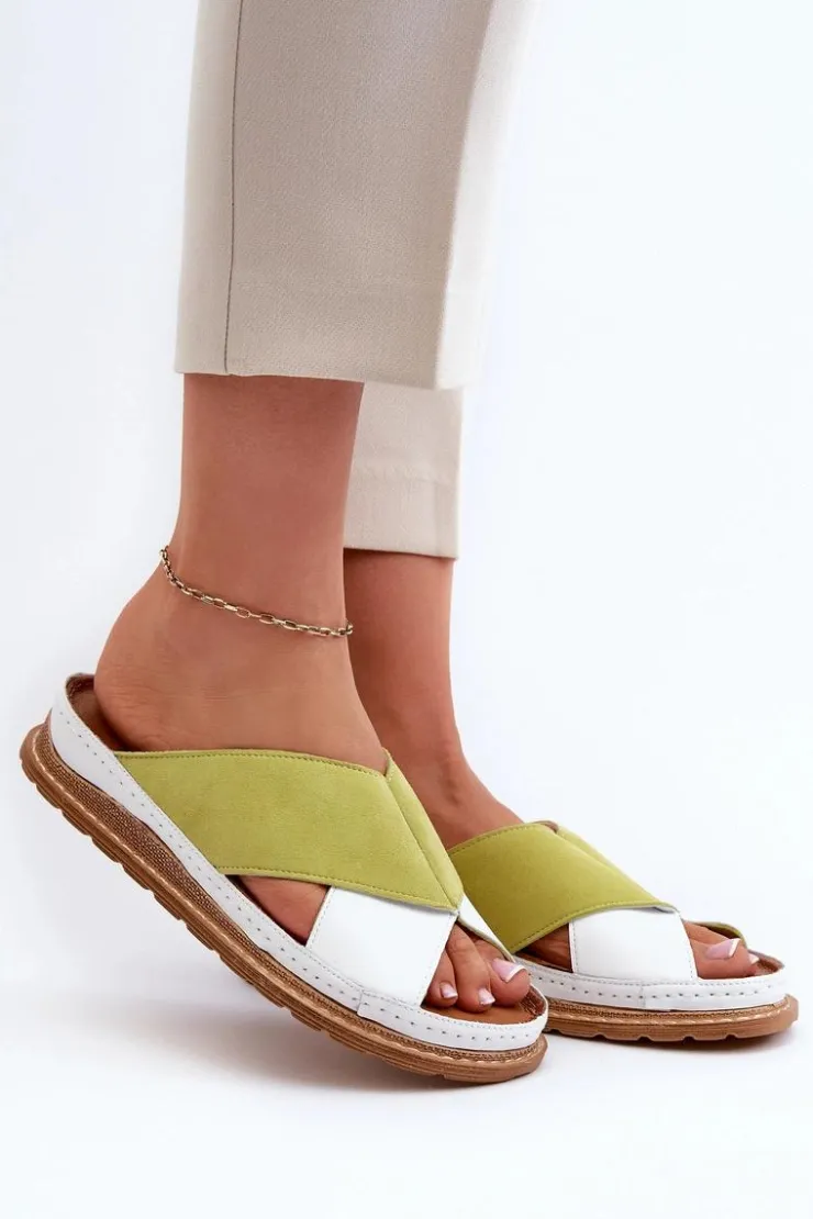 Damskie Maciejka Skórzane Profilowane Klapki 04986-11 Limonkowe