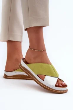 Damskie Maciejka Skórzane Profilowane Klapki 04986-11 Limonkowe