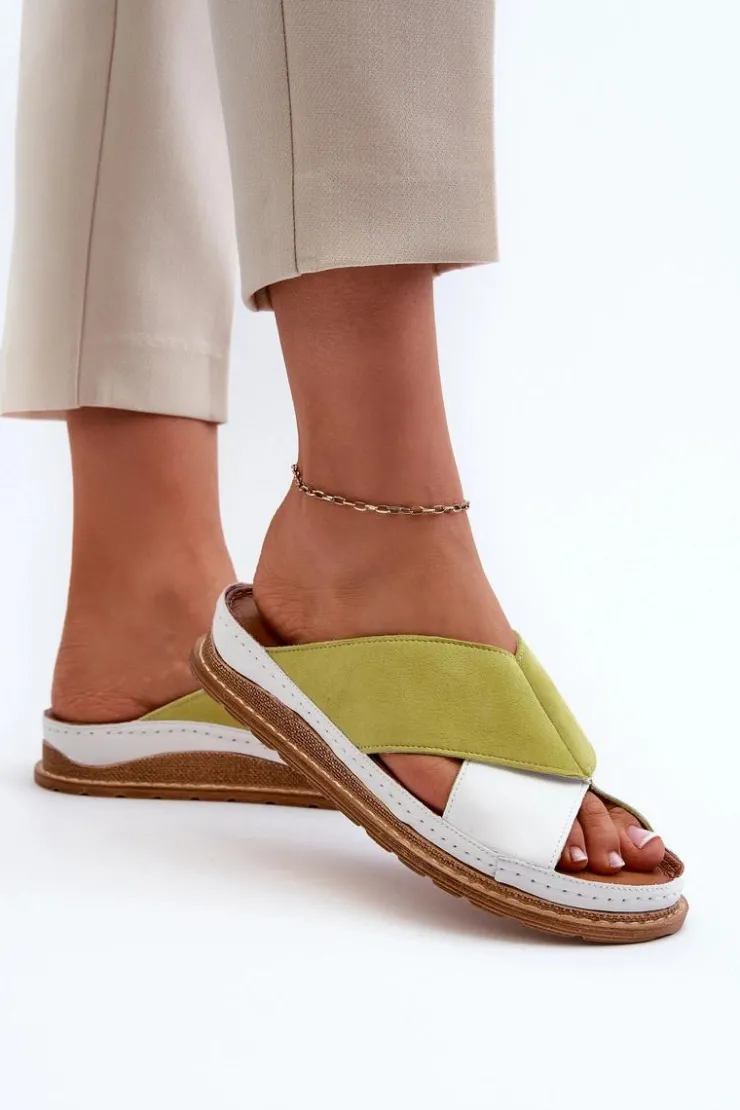 Damskie Maciejka Skórzane Profilowane Klapki 04986-11 Limonkowe
