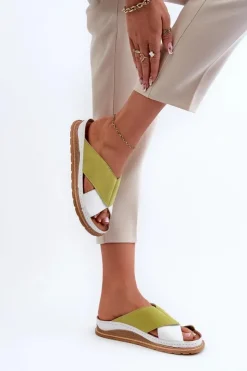 Damskie Maciejka Skórzane Profilowane Klapki 04986-11 Limonkowe