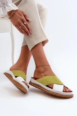 Damskie Maciejka Skórzane Profilowane Klapki 04986-11 Limonkowe
