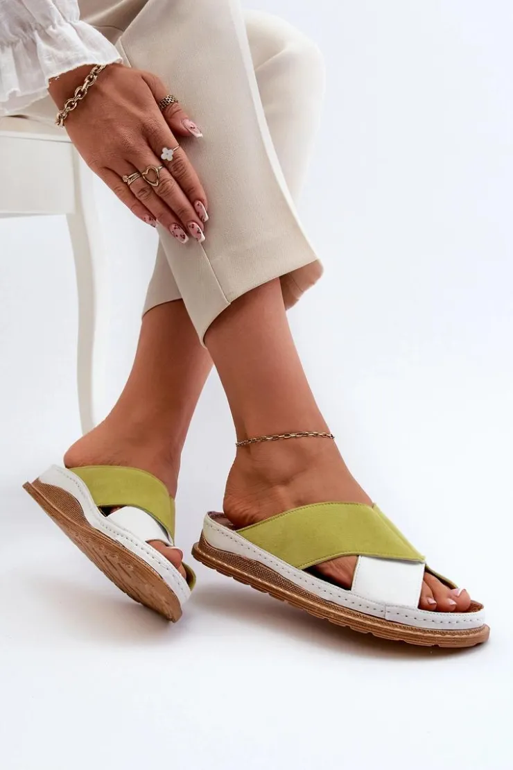 Damskie Maciejka Skórzane Profilowane Klapki 04986-11 Limonkowe