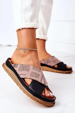 Maciejka Klapki Damskie Klasyczne*Skórzane Profilowane Klapki 04986-01 Czarno-Brązowe