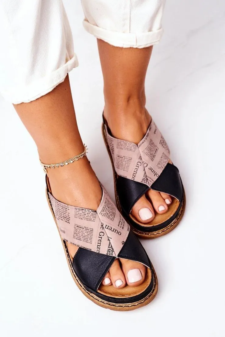 Maciejka Klapki Damskie Klasyczne*Skórzane Profilowane Klapki 04986-01 Czarno-Brązowe