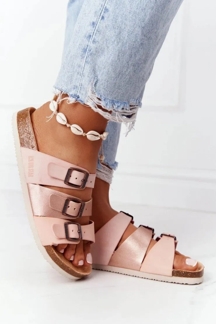 Big Star Shoes Klapki Damskie Klasyczne*Skórzane Profilowane Klapki Big Star HH274586 Różowo-Miedziane