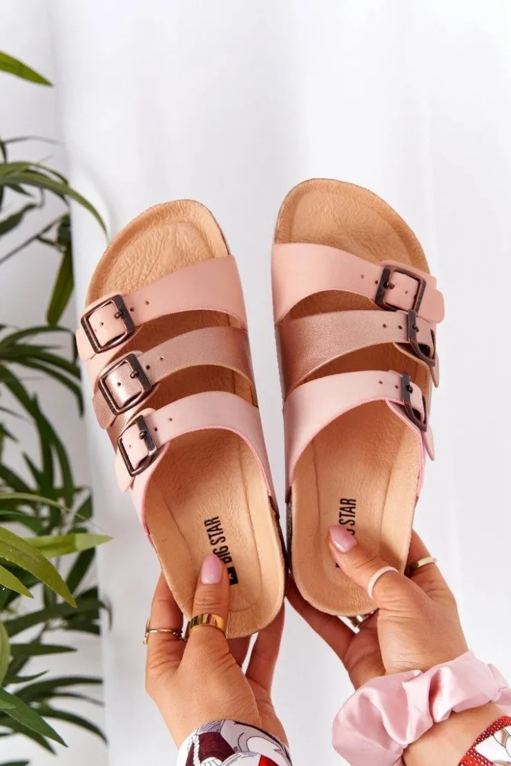 Big Star Shoes Klapki Damskie Klasyczne*Skórzane Profilowane Klapki Big Star HH274586 Różowo-Miedziane