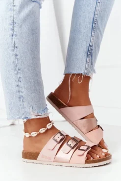Big Star Shoes Klapki Damskie Klasyczne*Skórzane Profilowane Klapki Big Star HH274586 Różowo-Miedziane