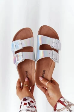 Damskie Big Star Shoes Skórzane Profilowane Klapki Big Star HH274895 Srebrne